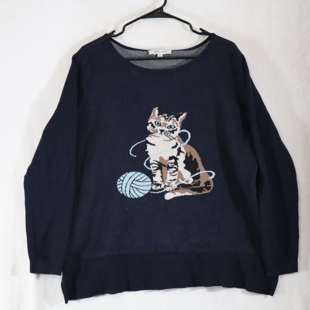 Astrologie Womens XL Navy Cat Sweater Kitten Yarn Ball Jacquard Knit Pullover